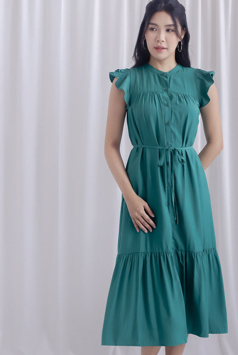 Breen Pleated Frill Sleeve Buttons Dress In Green