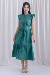 Breen Pleated Frill Sleeve Buttons Dress In Green