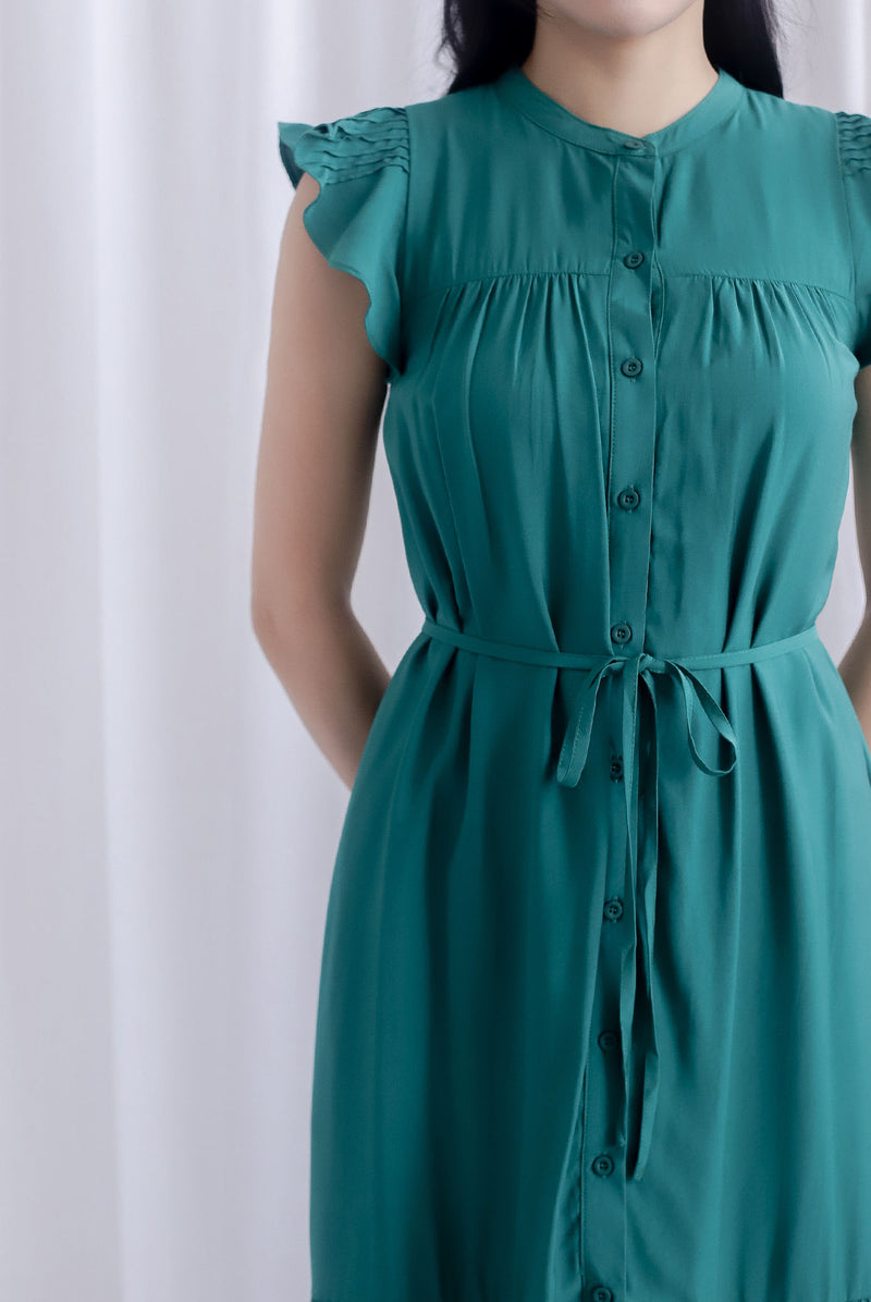 Breen Pleated Frill Sleeve Buttons Dress In Green