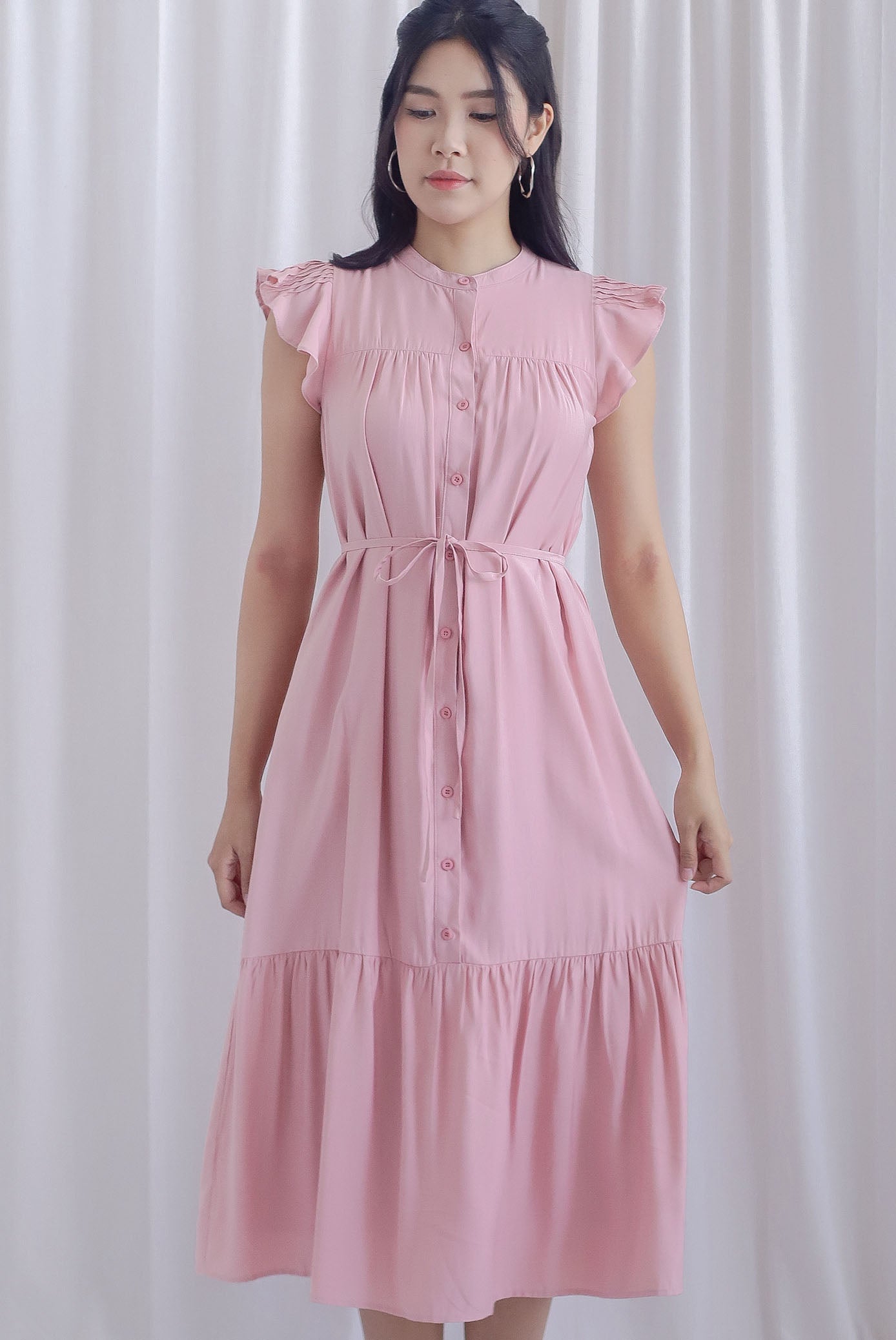 Breen Pleated Frill Sleeve Buttons Dress In Rose Pink