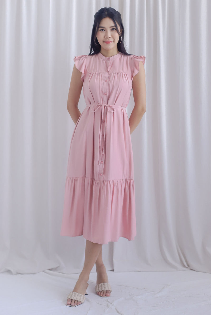 Breen Pleated Frill Sleeve Buttons Dress In Rose Pink