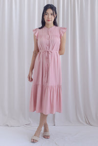 Breen Pleated Frill Sleeve Buttons Dress In Rose Pink