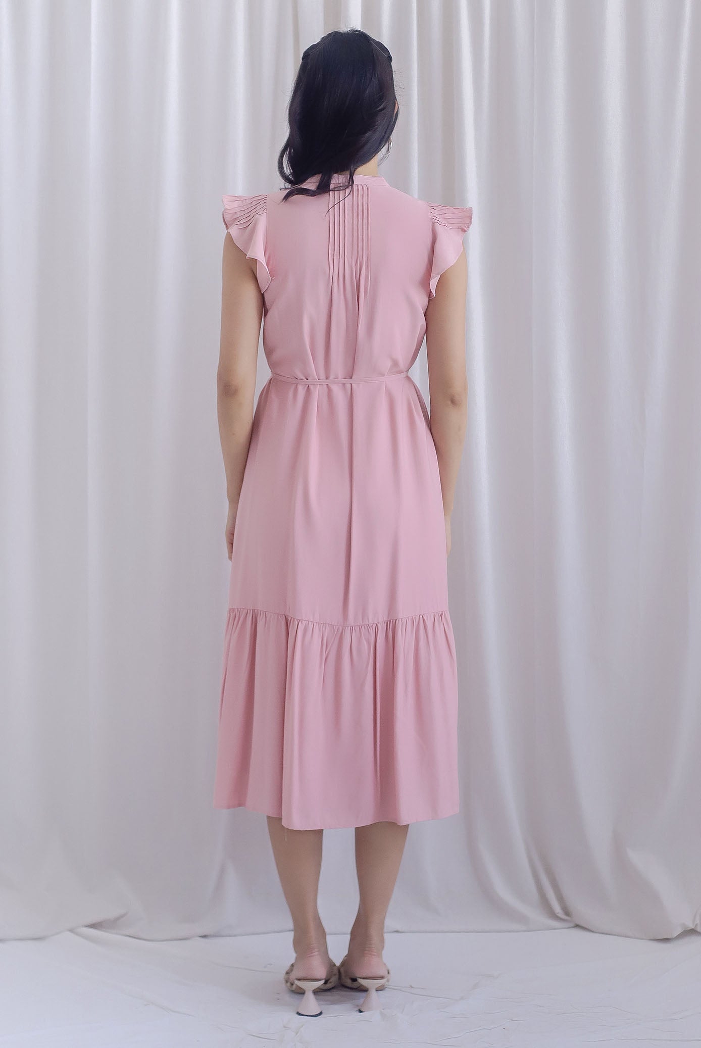 Breen Pleated Frill Sleeve Buttons Dress In Rose Pink