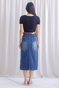 Breia Belted Front Slit Denim Skirt In Dark Wash