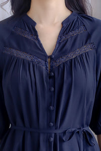 Briella Lattice Insert Buttons Down Dress In Midnight Blue