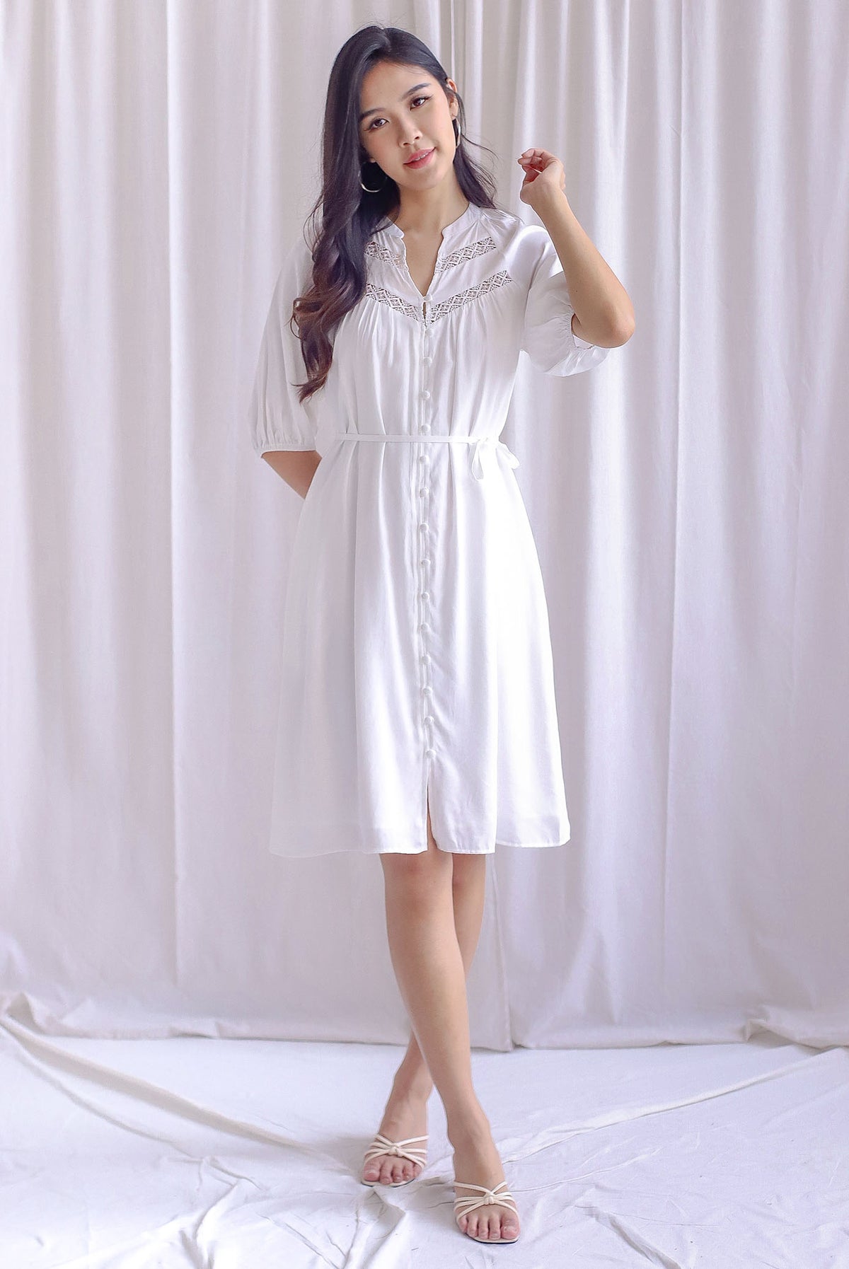 Briella Lattice Insert Buttons Down Dress In White
