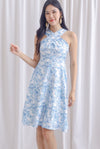 Carin Cross Overlap Midi Dress In Blue Floral