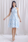 Carin Cross Overlap Midi Dress In Blue Floral