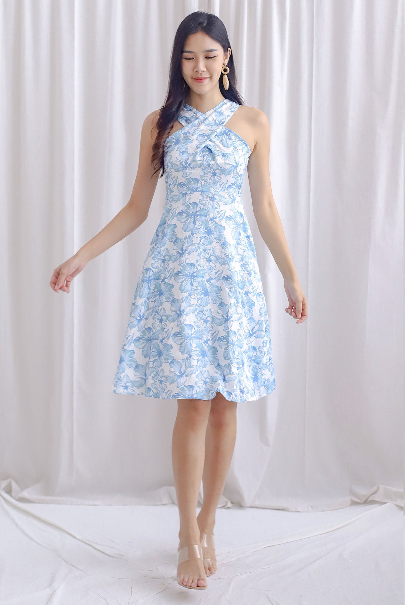 Carin Cross Overlap Midi Dress In Blue Floral
