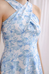 Carin Cross Overlap Midi Dress In Blue Floral