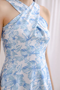 Carin Cross Overlap Midi Dress In Blue Floral