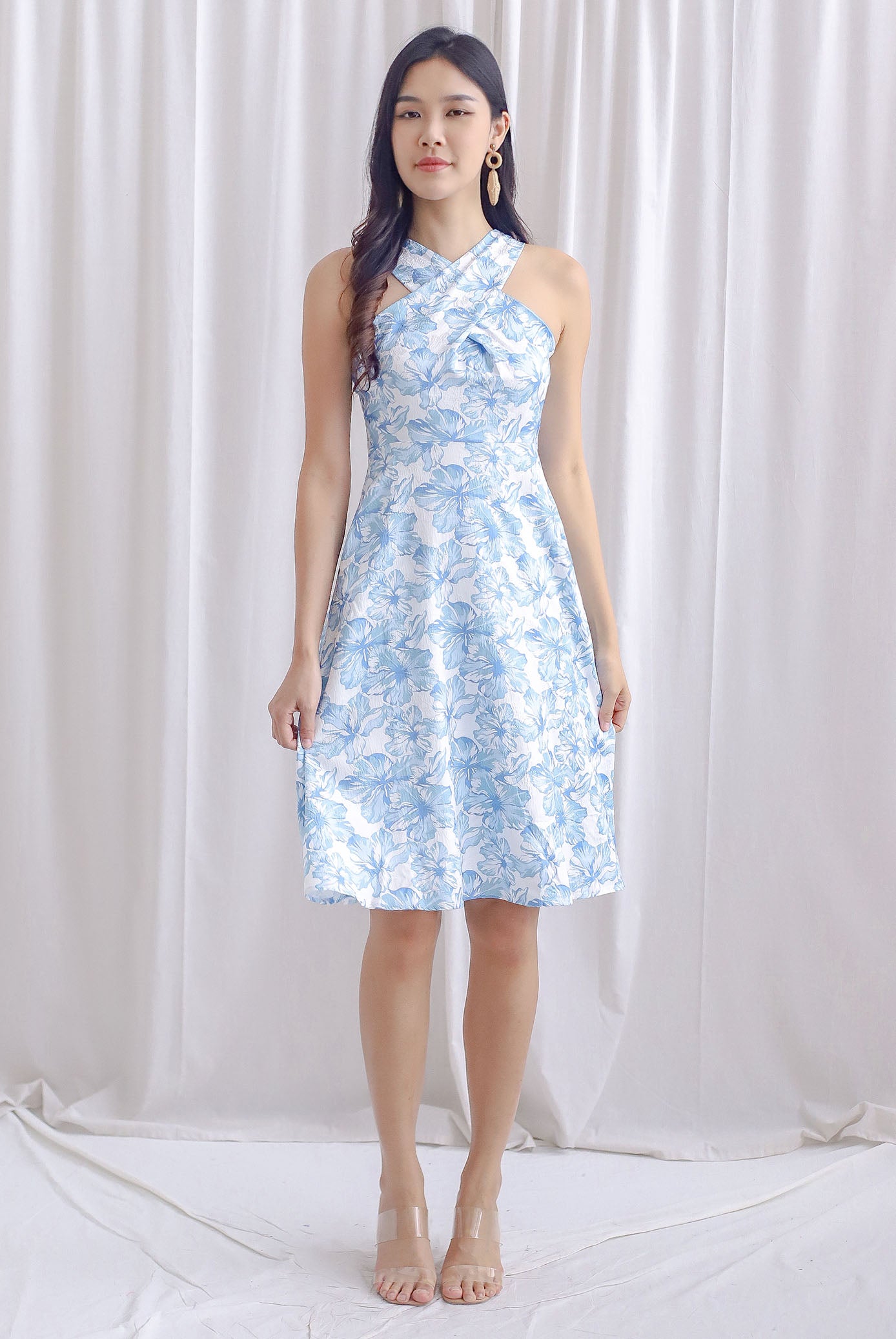 Carin Cross Overlap Midi Dress In Blue Floral