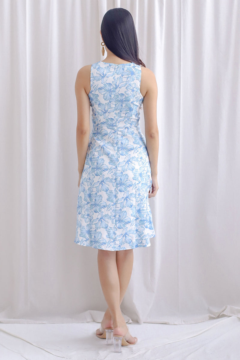 Carin Cross Overlap Midi Dress In Blue Floral