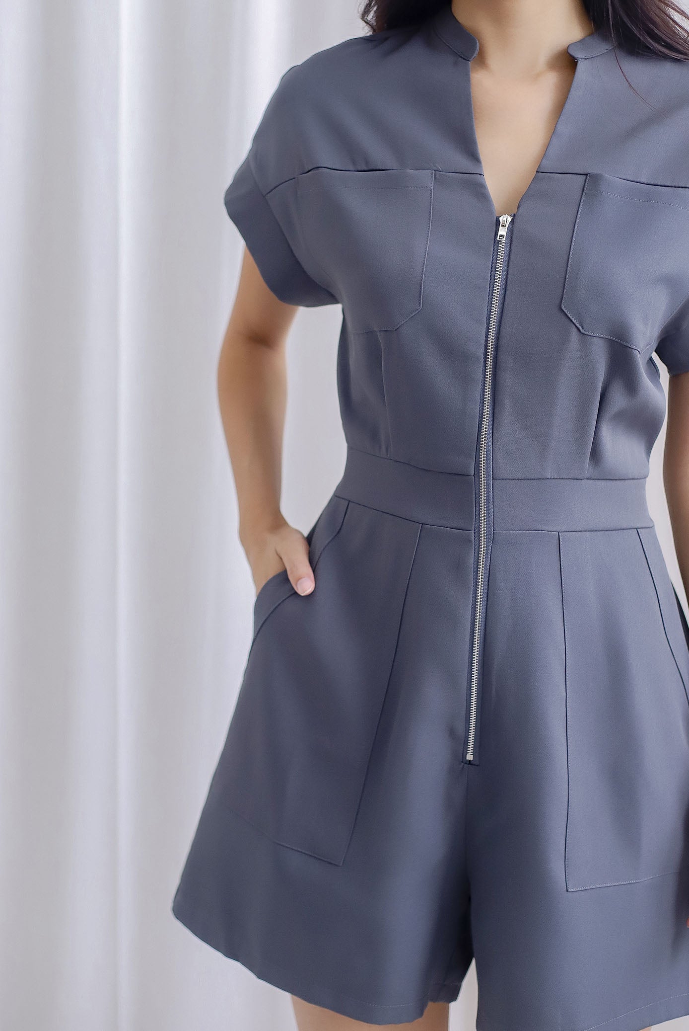 Carl Zip Up Utility Romper In Dark Grey