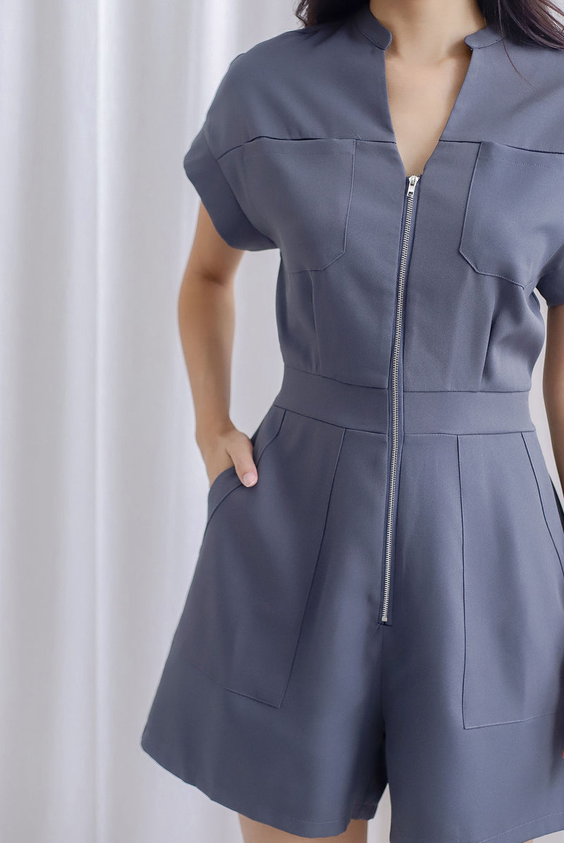 Carl Zip Up Utility Romper In Dark Grey