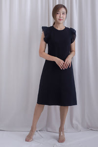 Carla Ruffle Sleeve Midi Shift Dress In Black