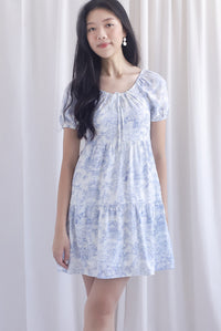 Carmela Porcelain Puffy Sleeves babydoll Dress In Blue