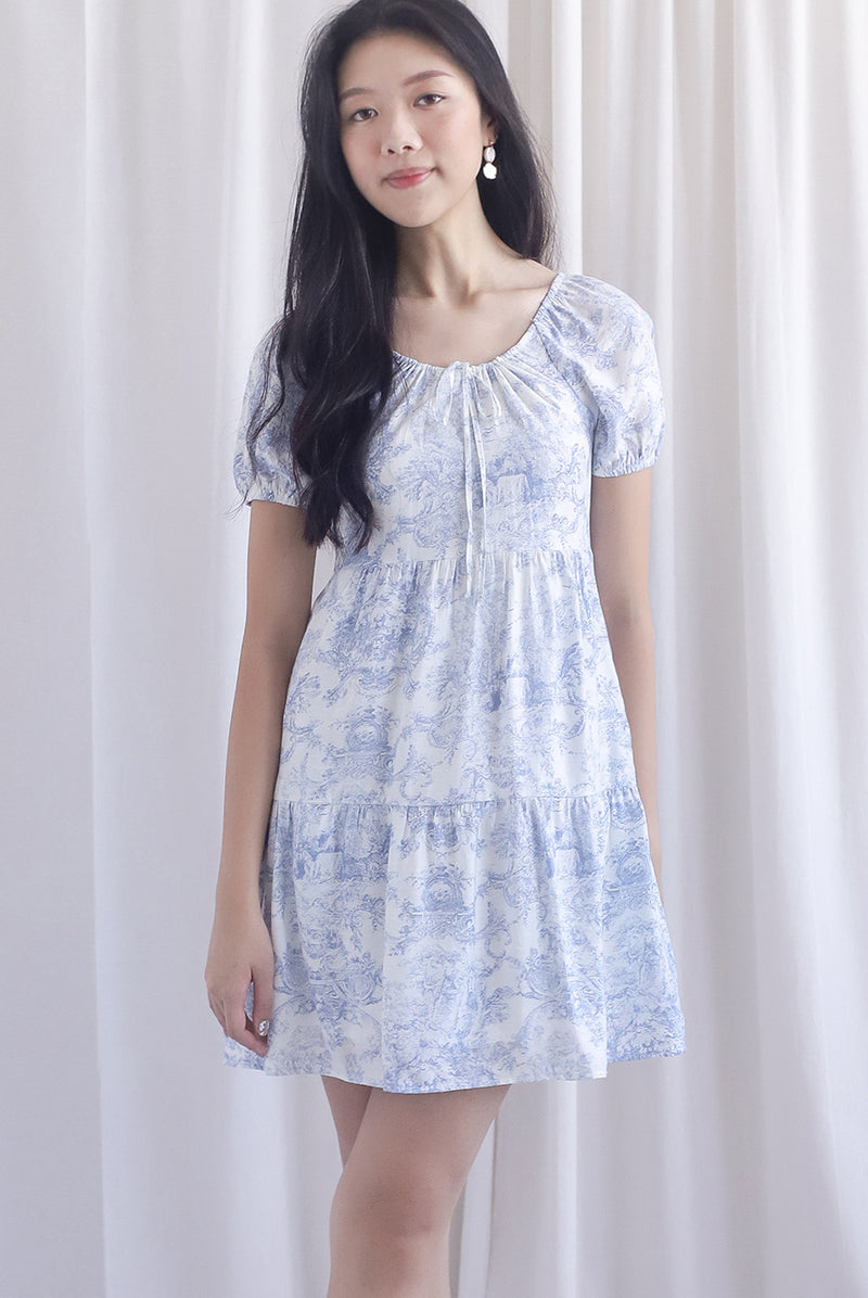 Carmela Porcelain Puffy Sleeves babydoll Dress In Blue