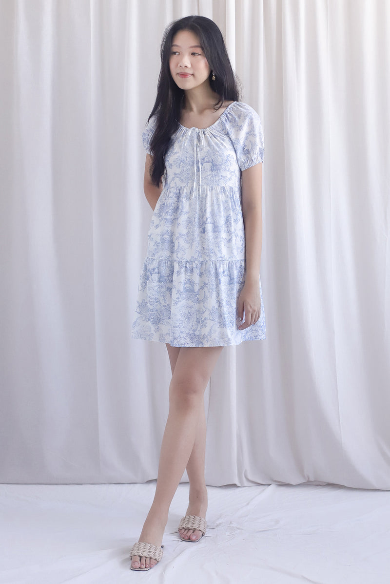 Carmela Porcelain Puffy Sleeves babydoll Dress In Blue