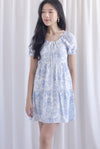 Carmela Porcelain Puffy Sleeves babydoll Dress In Blue