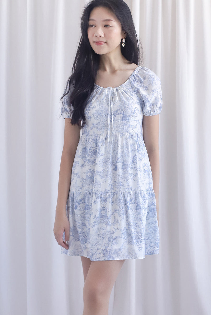 Carmela Porcelain Puffy Sleeves babydoll Dress In Blue