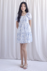 Carmela Porcelain Puffy Sleeves babydoll Dress In Blue