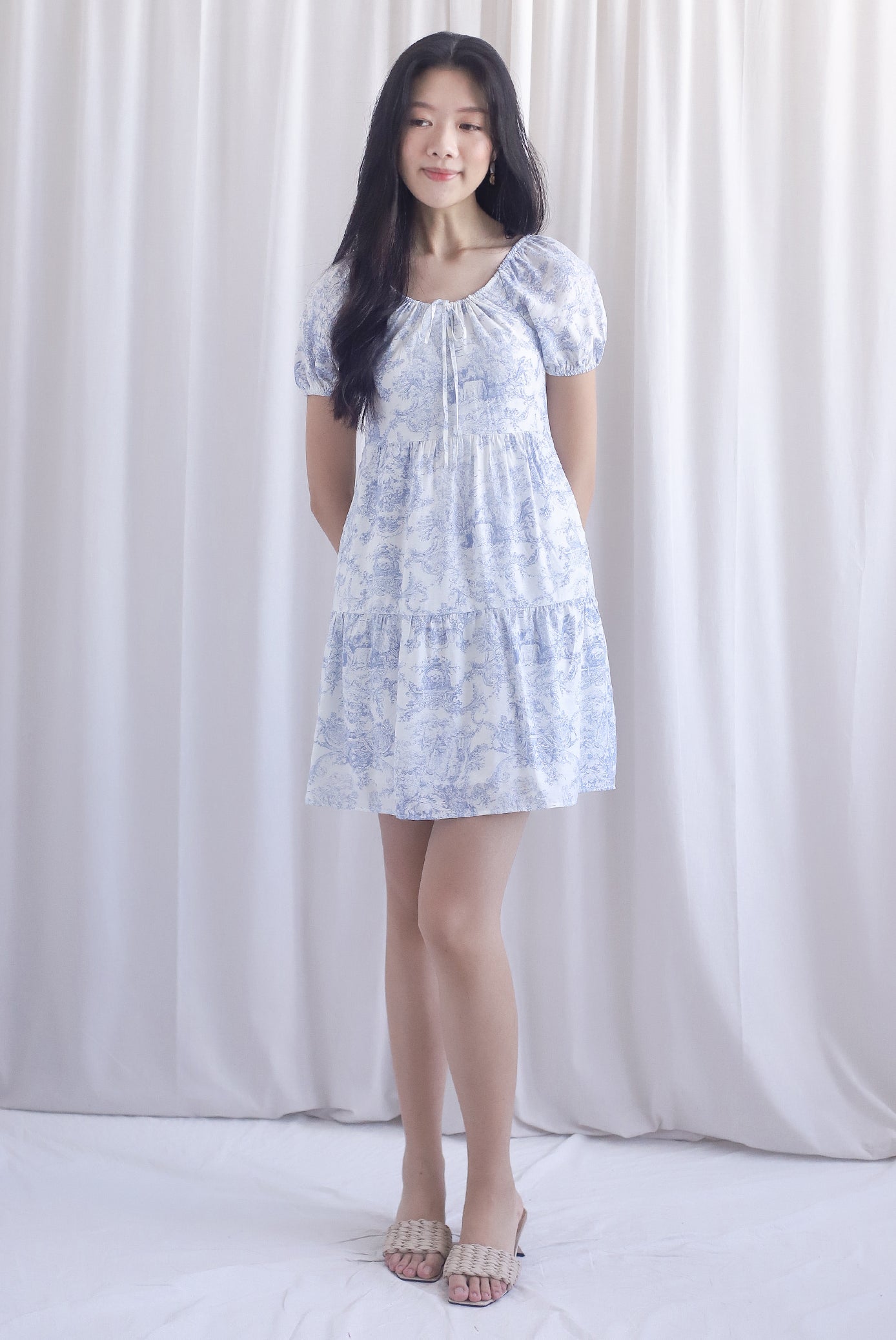 Carmela Porcelain Puffy Sleeves babydoll Dress In Blue