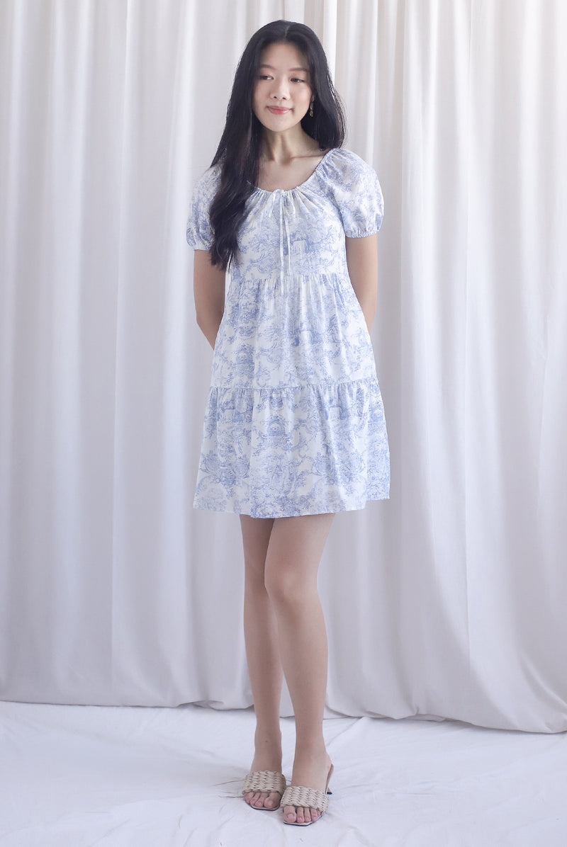 Carmela Porcelain Puffy Sleeves babydoll Dress In Blue