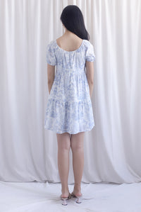 Carmela Porcelain Puffy Sleeves babydoll Dress In Blue