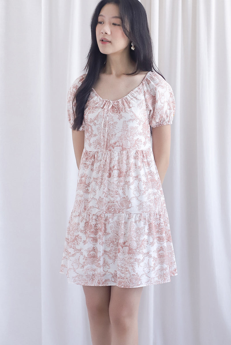 Carmela Porcelain Puffy Sleeves babydoll Dress In Rust