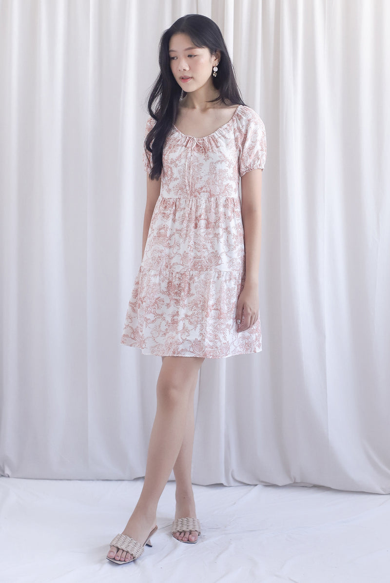 Carmela Porcelain Puffy Sleeves babydoll Dress In Rust