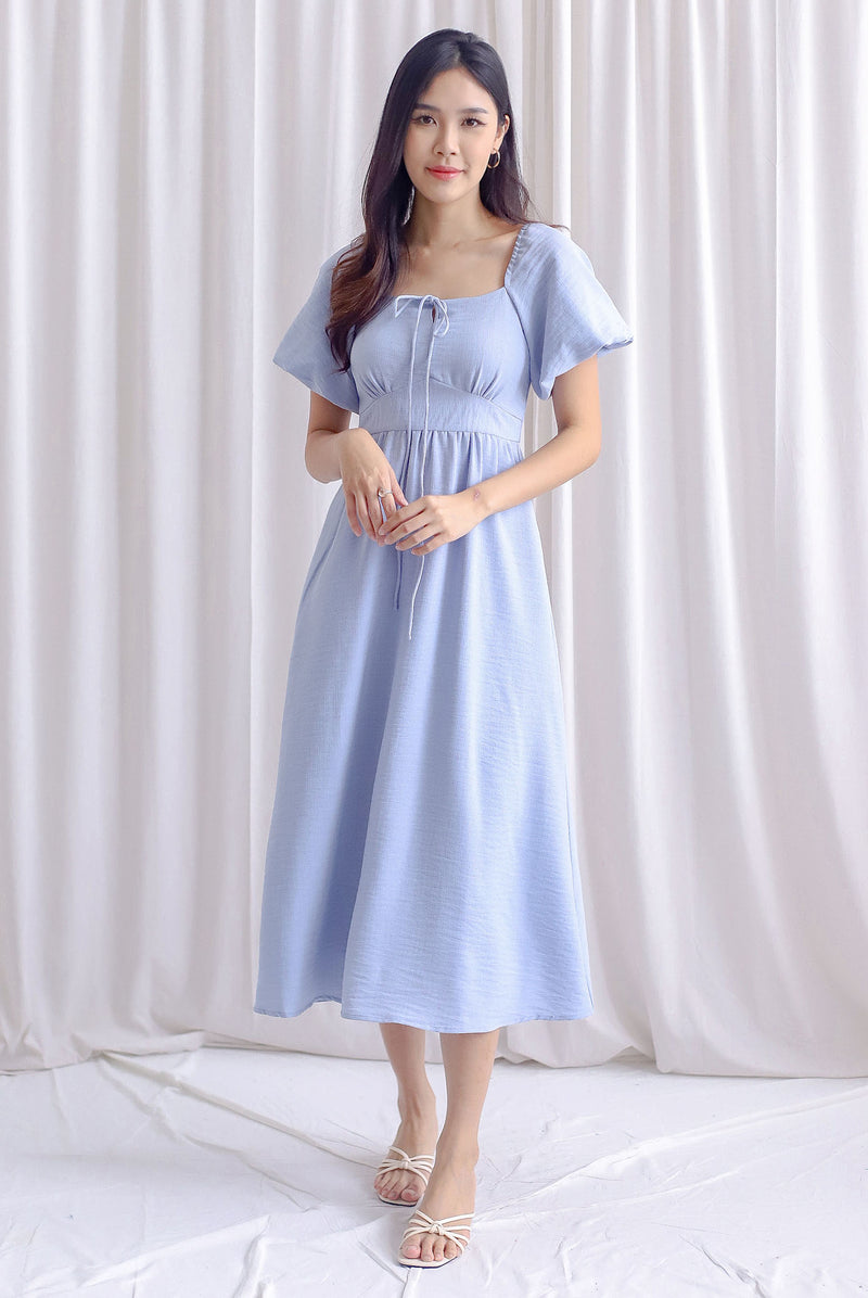 Carrington Puffy Sleeve Tie Up Maxi Dress In Blue