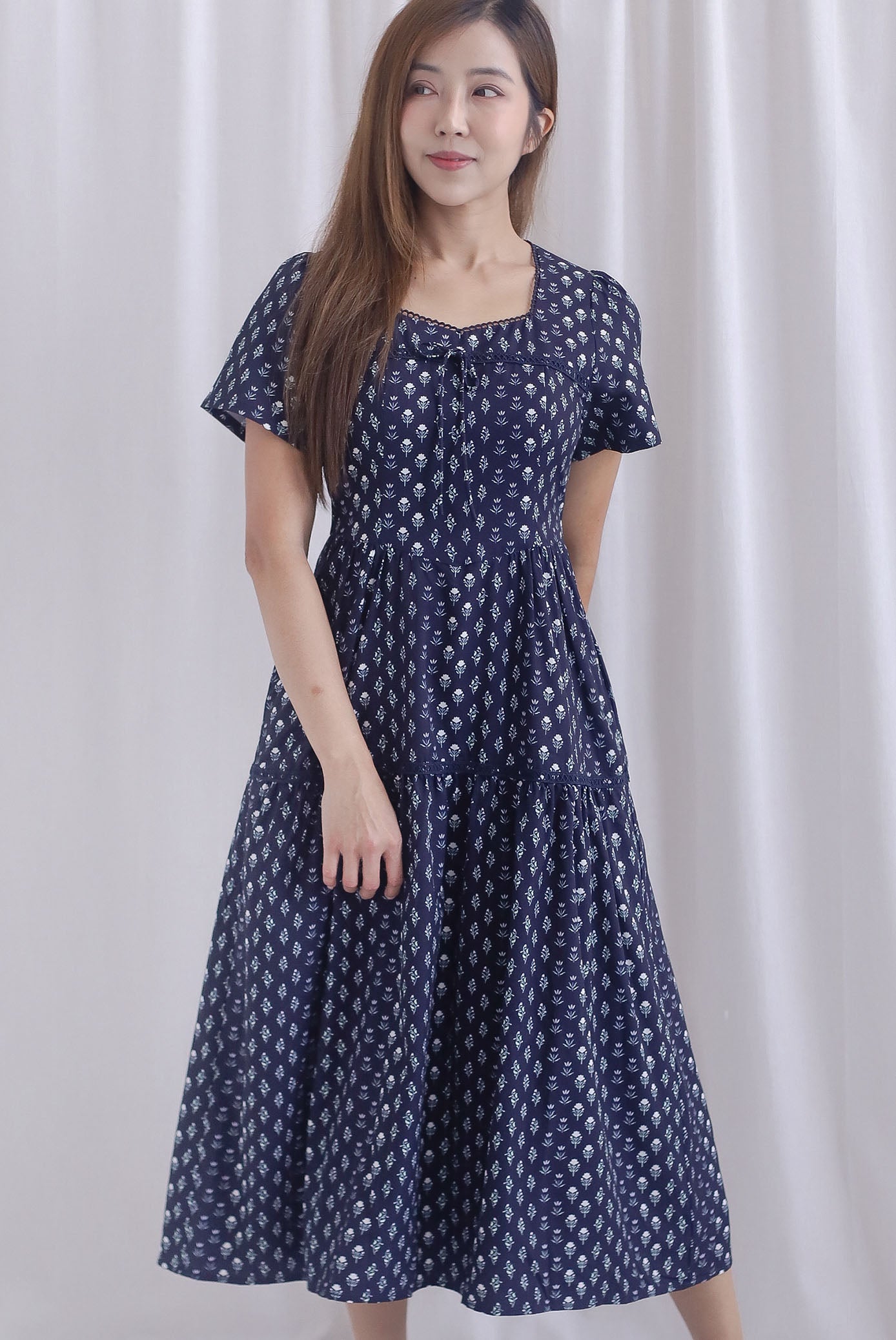*Restocked* Catrina Diamond Lattice Trim Sleeved Midi Dress In Midnight Blue