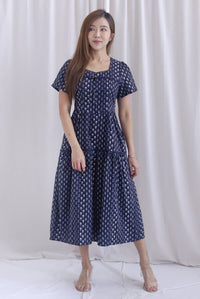 *Restocked* Catrina Diamond Lattice Trim Sleeved Midi Dress In Midnight Blue