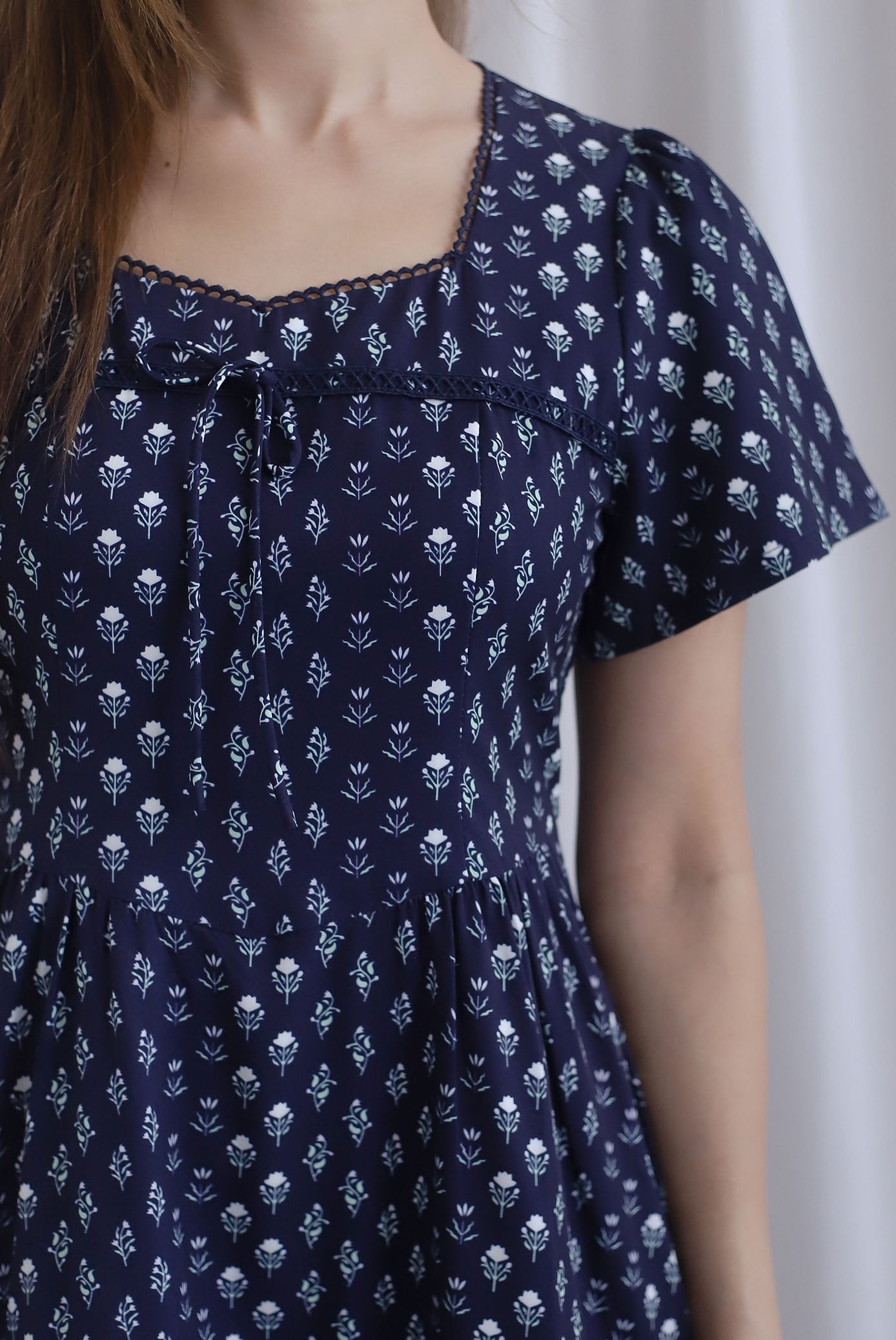 *Restocked* Catrina Diamond Lattice Trim Sleeved Midi Dress In Midnight Blue