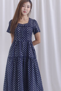 *Restocked* Catrina Diamond Lattice Trim Sleeved Midi Dress In Midnight Blue