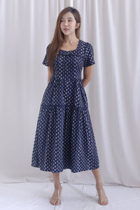 *Restocked* Catrina Diamond Lattice Trim Sleeved Midi Dress In Midnight Blue