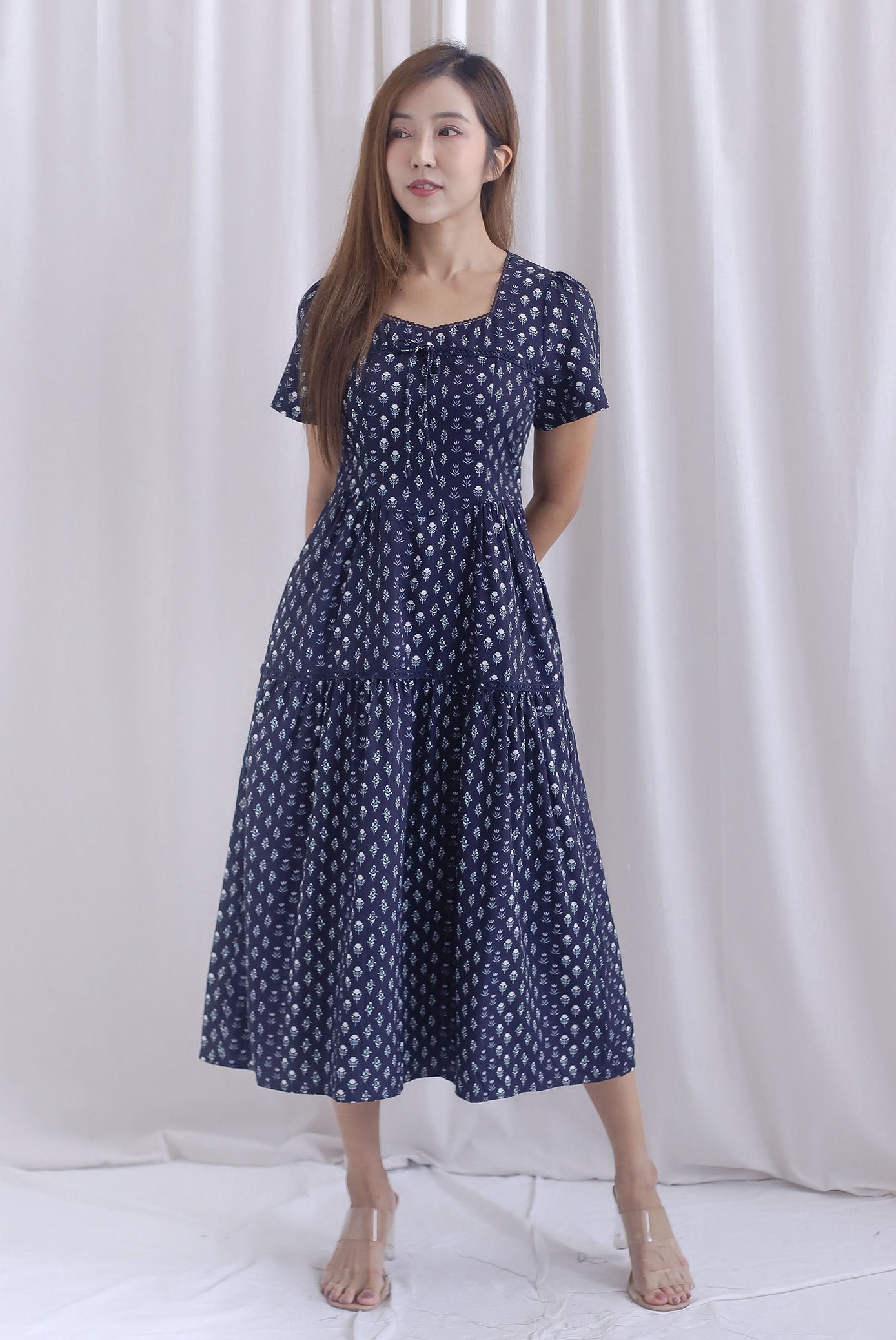*Restocked* Catrina Diamond Lattice Trim Sleeved Midi Dress In Midnight Blue