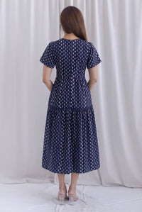 *Restocked* Catrina Diamond Lattice Trim Sleeved Midi Dress In Midnight Blue