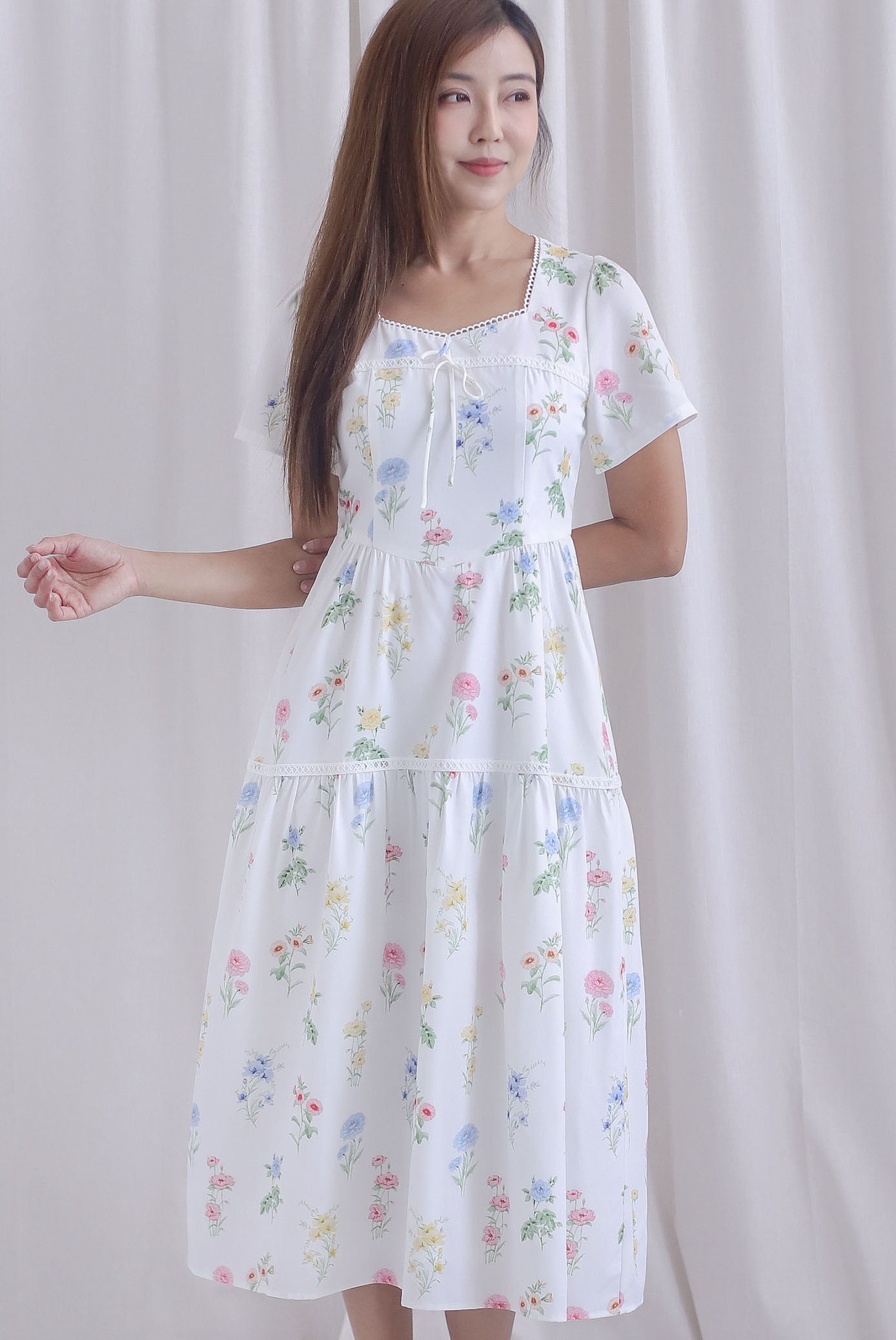 *Restocked* Catrina Diamond Lattice Trim Sleeved Midi Dress In White