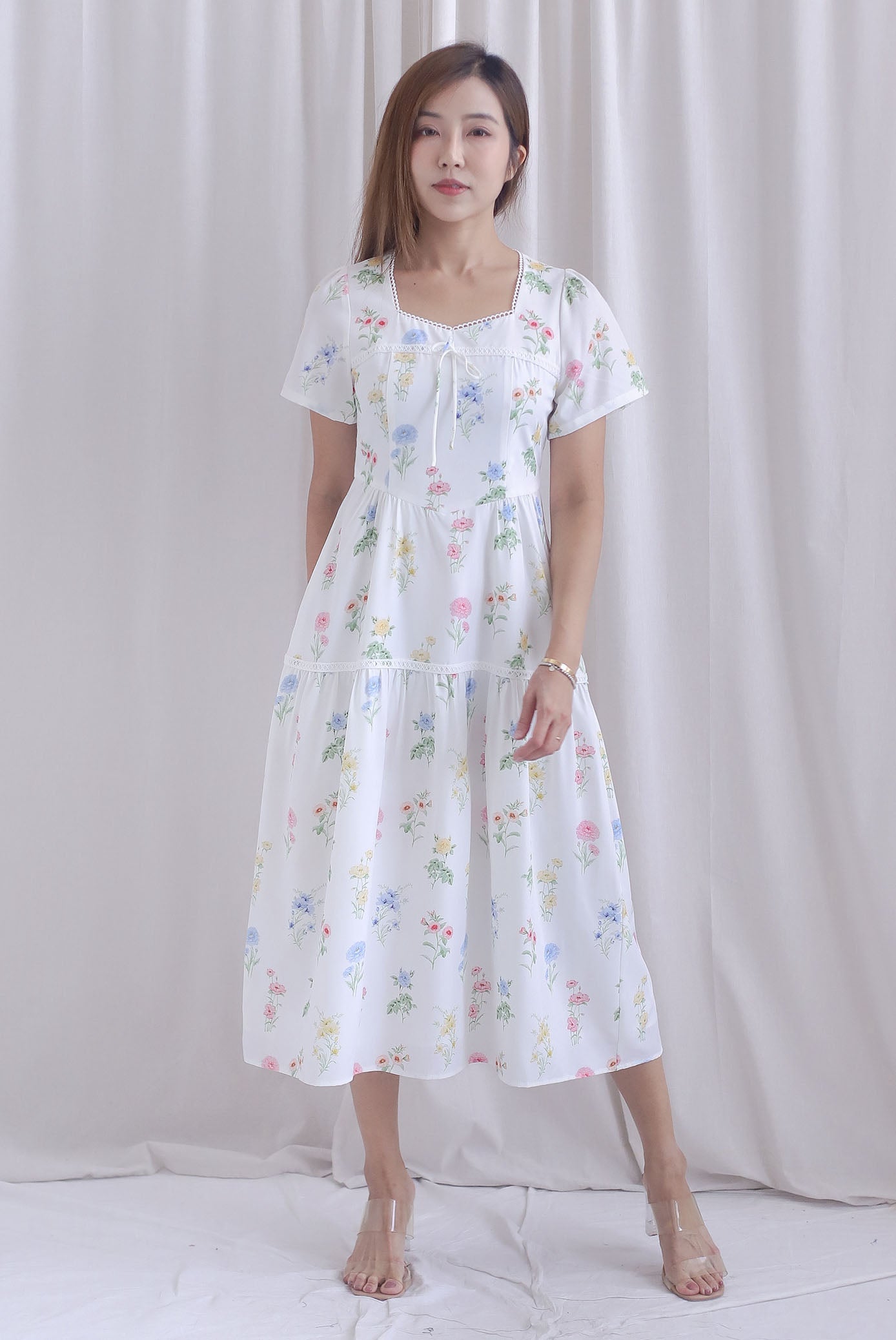 *Restocked* Catrina Diamond Lattice Trim Sleeved Midi Dress In White
