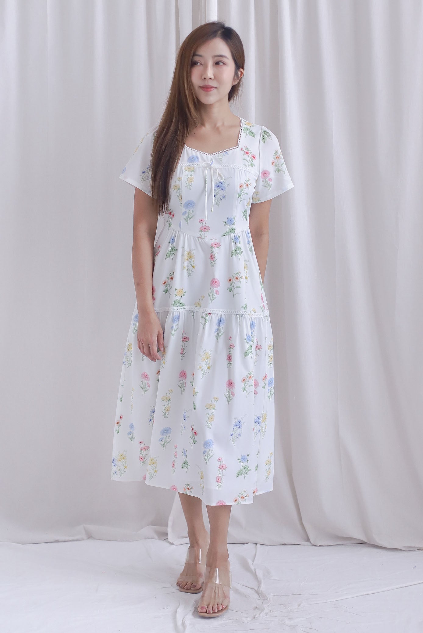 *Restocked* Catrina Diamond Lattice Trim Sleeved Midi Dress In White