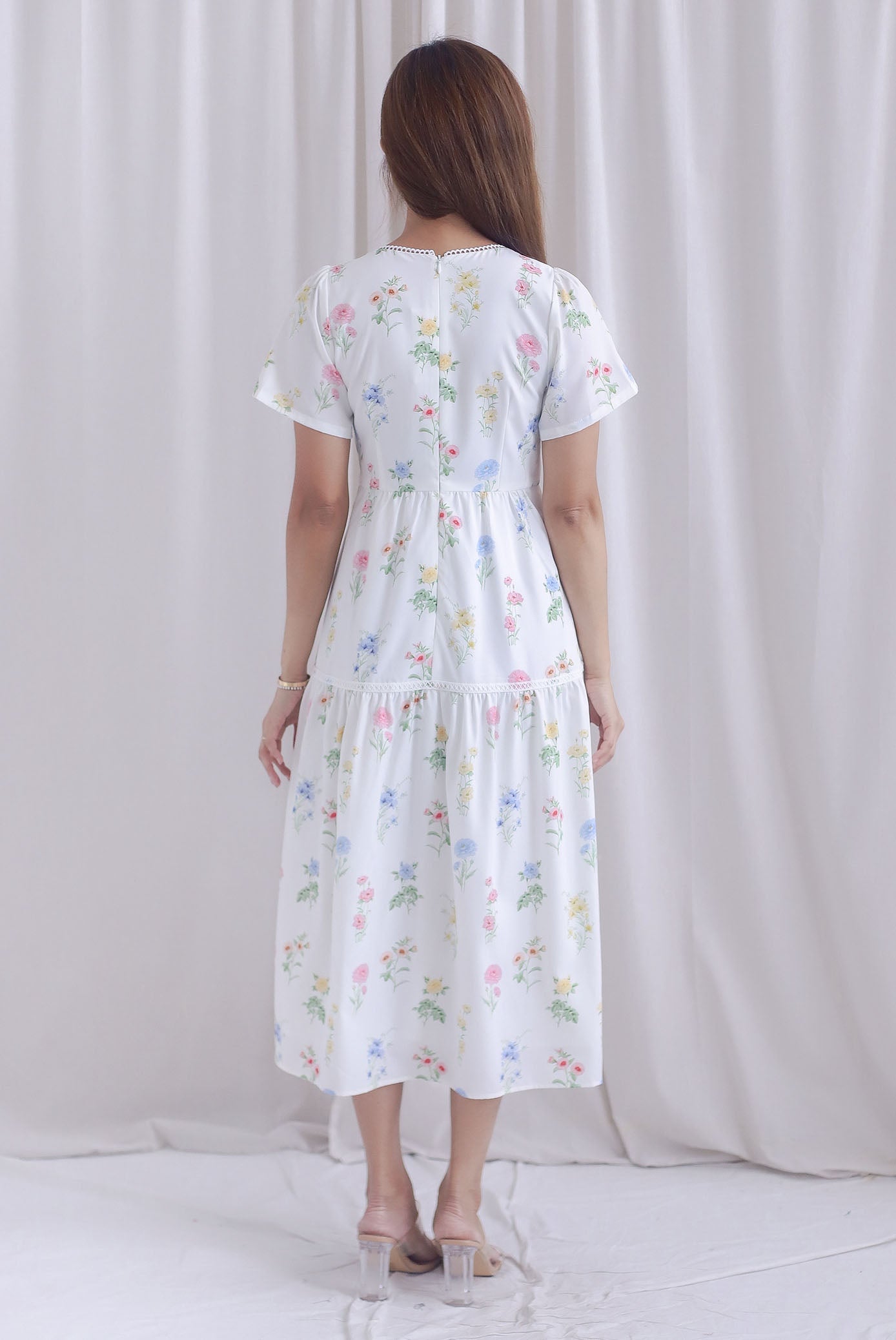 *Restocked* Catrina Diamond Lattice Trim Sleeved Midi Dress In White
