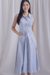 Celene Buttons Down Sleeveless Shirt Dress In Navy Stripes