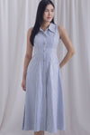 Celene Buttons Down Sleeveless Shirt Dress In Navy Stripes