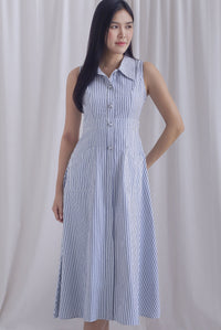 Celene Buttons Down Sleeveless Shirt Dress In Navy Stripes
