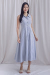 Celene Buttons Down Sleeveless Shirt Dress In Navy Stripes