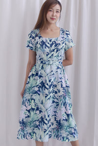 Celia Square Neckline Belted Skater Dress In Navy Leafy