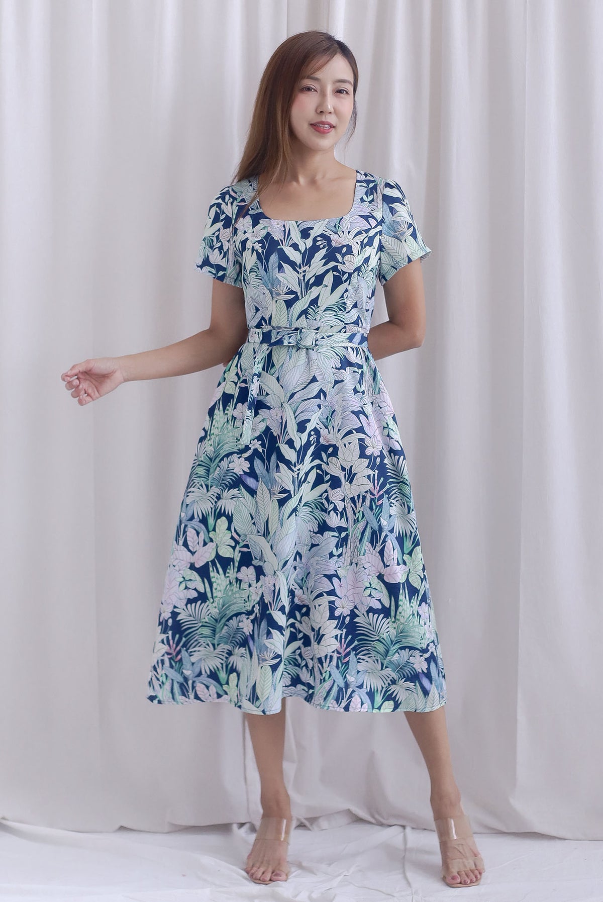 Celia Square Neckline Belted Skater Dress In Navy Leafy