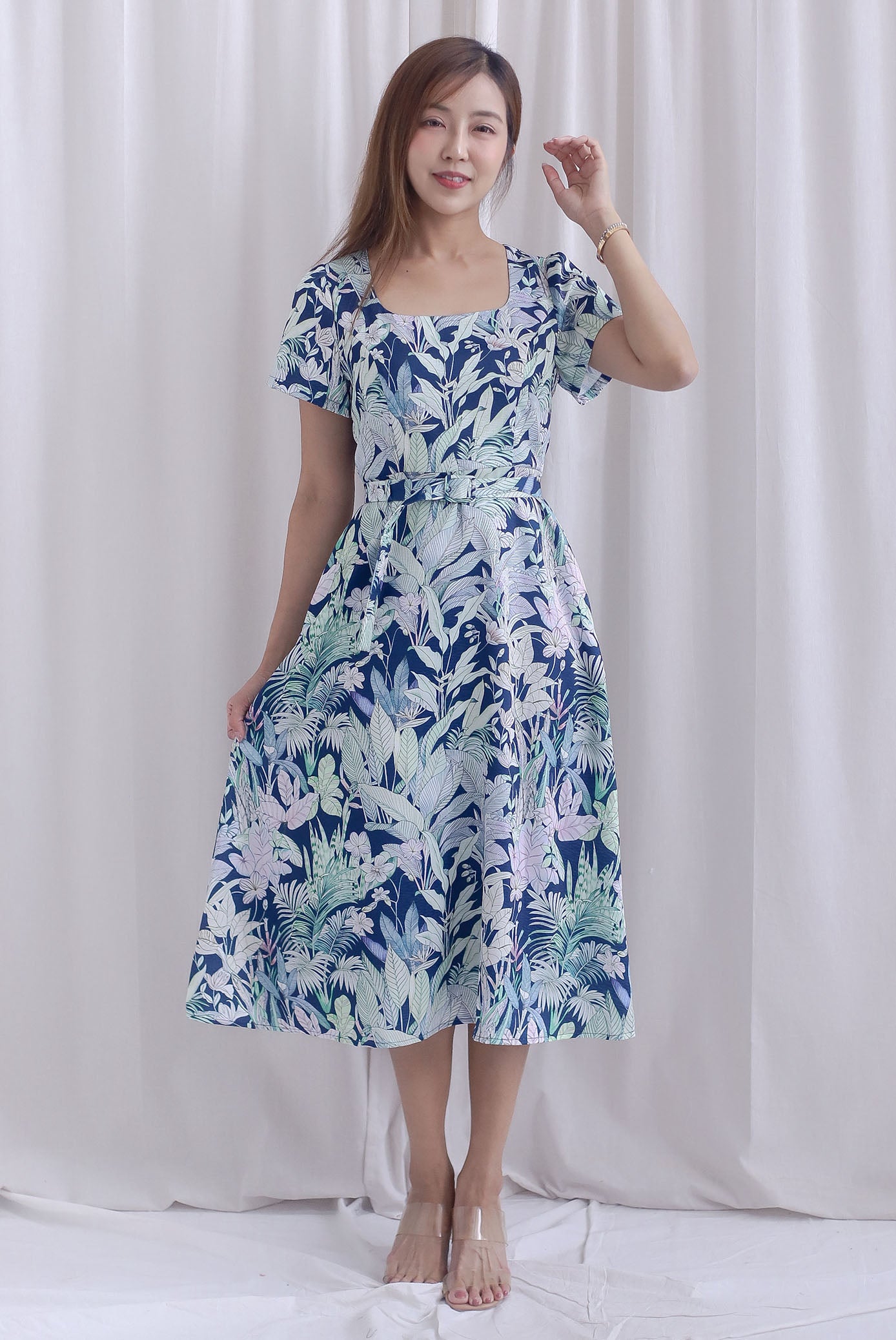 Celia Square Neckline Belted Skater Dress In Navy Leafy